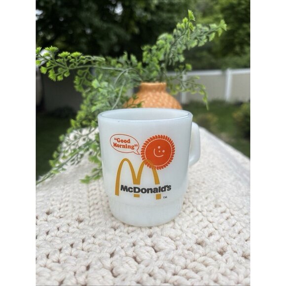 VTG Good Morning McDonald's Milk Glass Coffee Mug Cup Anchor Hocking Fire King - Picture 1 of 6